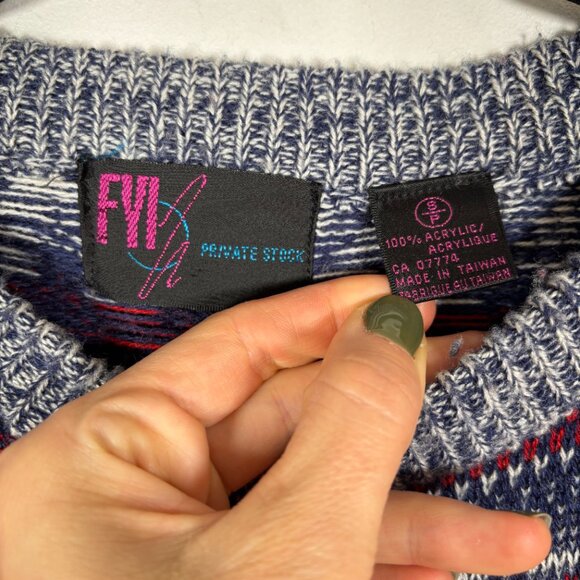 Vintage Knit Sweater Crewneck Blue Red Eclectic Grandpa Slouchy Grunge Medium - Picture 7 of 7